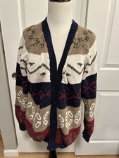 Vtg Patterned Blue Beige Red Green Cardigan Sweater 80's Colorful Sz L Unisex