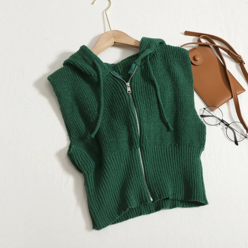 Women Knitted Waistcoat Gilet Zipper Crop Cardigan Hooded Vest Top Hooded Casual - Picture 13 of 19