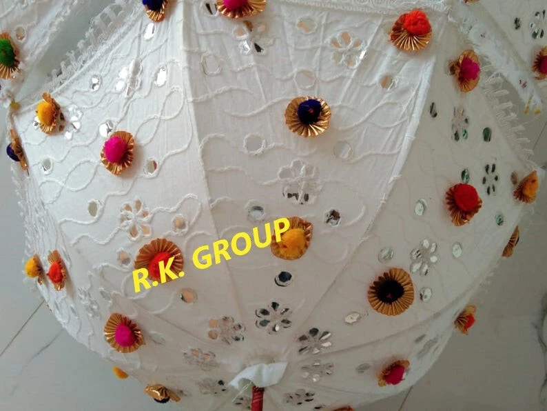 Paraguas de boda decorativo blanco indio de 5 piezas vintage de algodón para mujer Foto 4 de 4