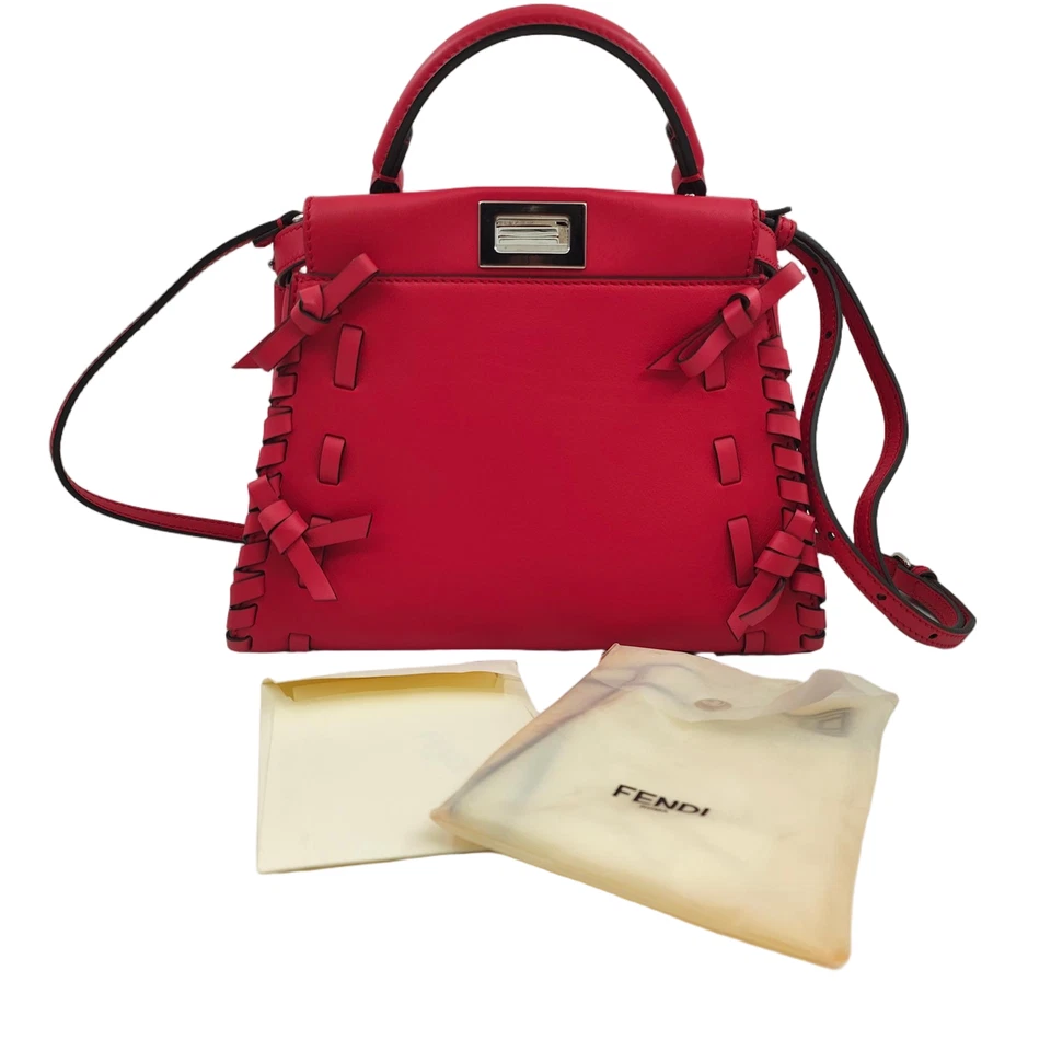 Fendi Peekaboo Red Handle Bag Woven Leather with Bow Detail Small Women - Image 2 of 4