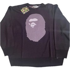 Bape NWT ape head men  s large black jacquard knit sweater crewneck Pit 27  ,30  L