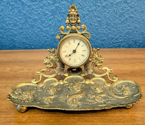Seltene antike Parker Clock Co Messing Drache Tischuhr ~ Chinoiserie Design