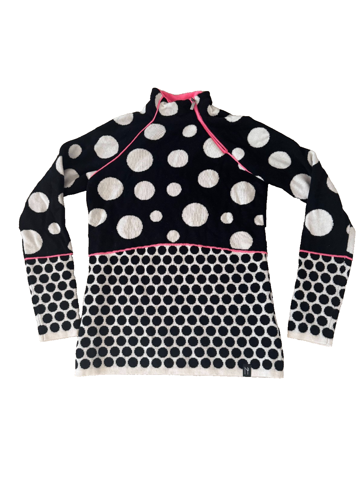 Neve Ski Sweater Merino Wool 1/4 Zip Black Polka Dot Small Cabincore Outdoor