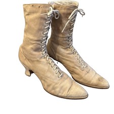Women's Edwardian Lace Up Shoes Boots Canvas Spool Heel Front Eyelet Lacing High