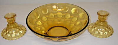 Hazel Atlas Glass ELDORADO Gold Amber Console Set Bowl 2 Candlestick Dots MCM