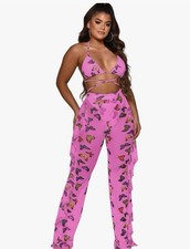Two Piece Backless Halter Bra Ruffles Long Pants Outfit, Butterfly, Small G