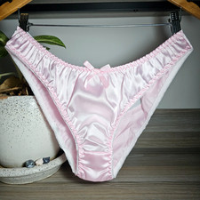 Shiny Pink Satin Panty See Through Nylon Lace Bikini Brief Size 9-10 Hip 45-48"