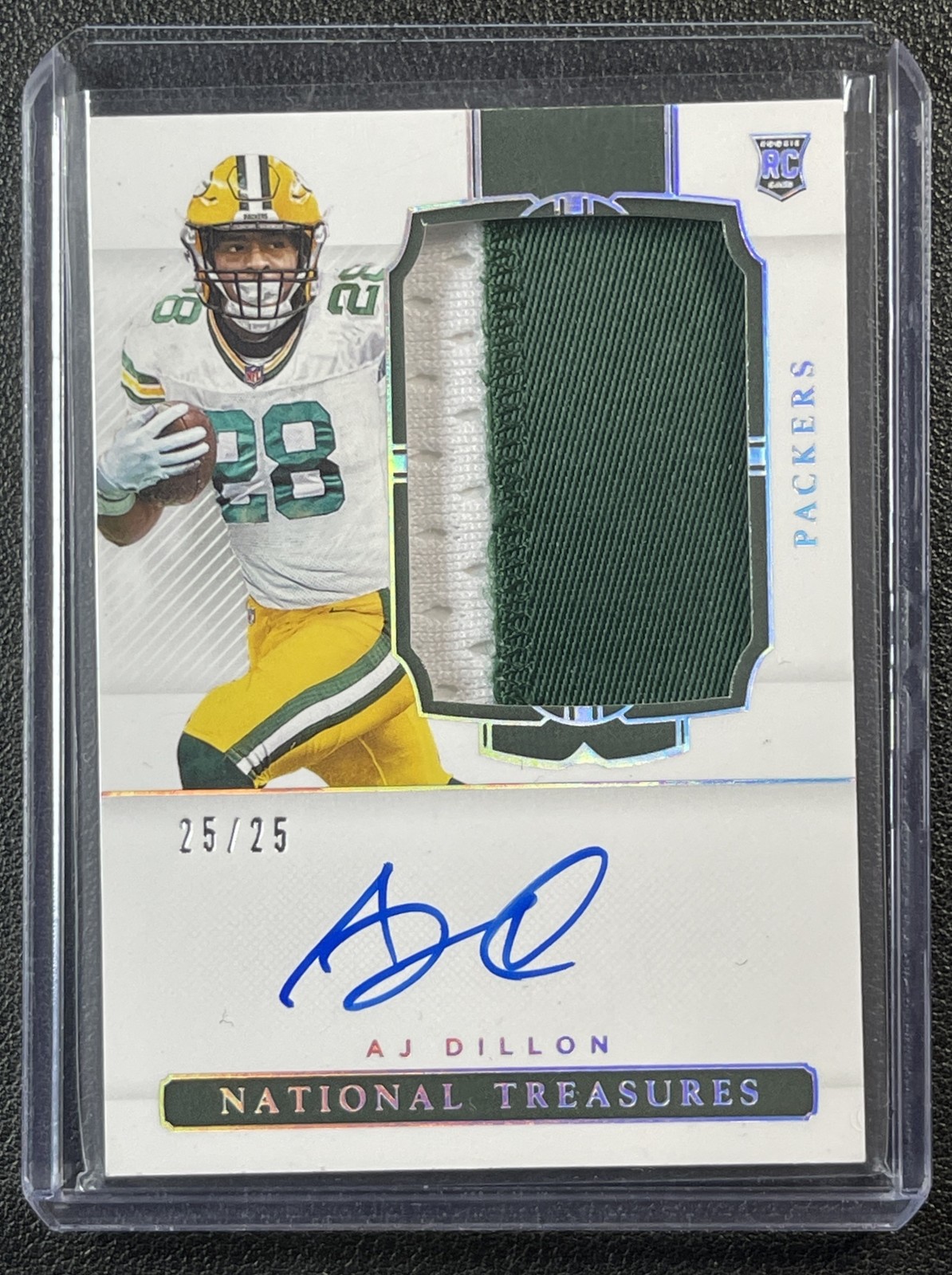 AJ DILLON 2020 PANINI NATIONAL TREASURES 181 ROOKIE PATCH AUTO HOLO SILVER 25/25