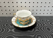 Meissen Green & Gold Floral B-Form Demitasse Cup & Saucer