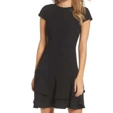 Eliza J Stretch Ruffle Crepe Sheath Mini Dress Size 12 Black Cocktail Drop Waist