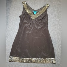 Vintage Kenziegirl V Neck Sleeveless Embellished Sequin Silk Beige Dress Y2K