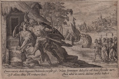 C. DE PASSE `TEREUS SCHNEIDET PHILOMELA DIE ZUNGE AB / OVID´ KUPFERSTICH, 1607