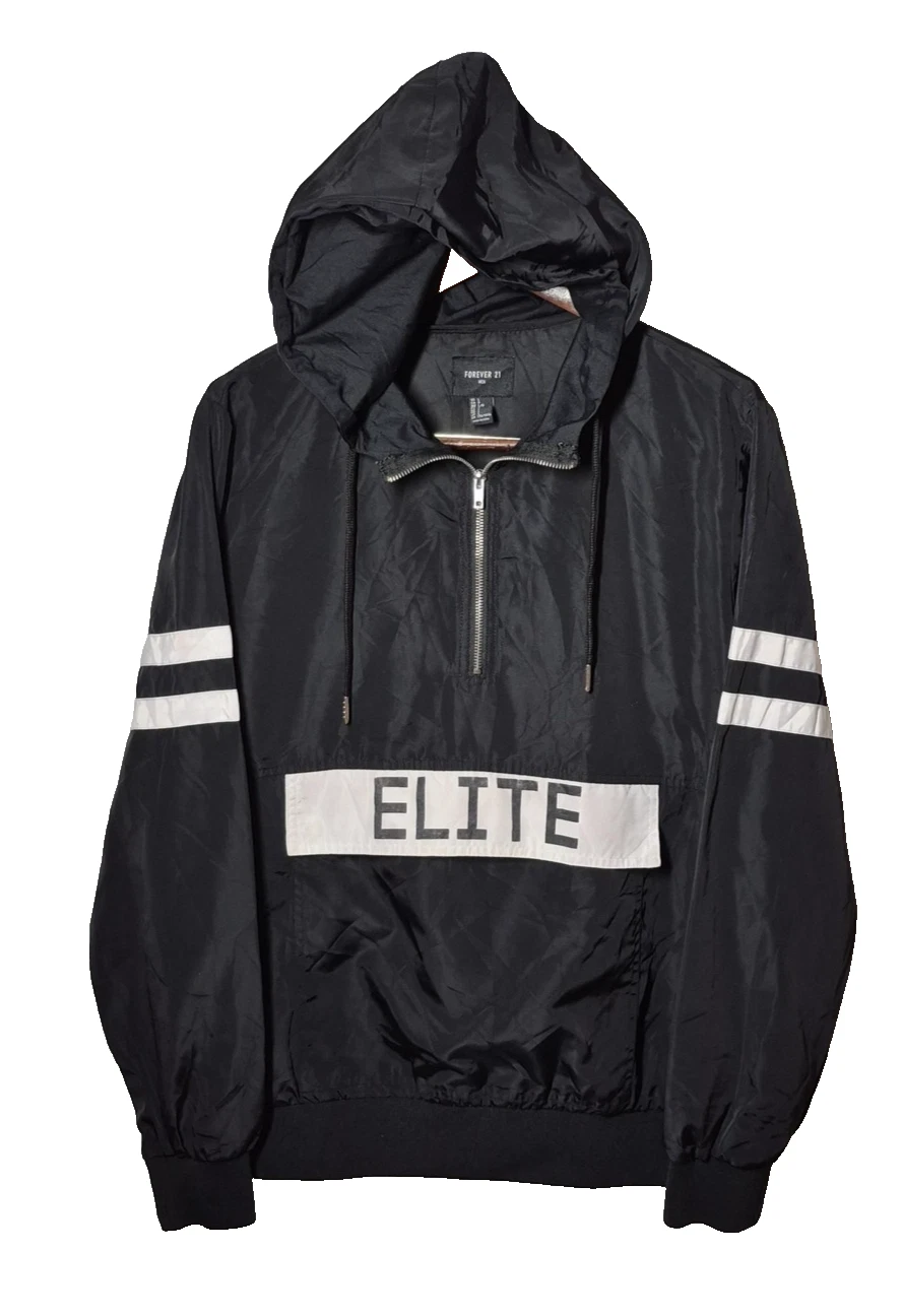 Forever 21 Jacket Mens Large Black Elite Hooded Windbreaker Pullover Anorak