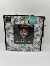 Ed Hardy Queen 6pc Sheet Set Fire Flying Dragon Tattoo Pattern White / Grey NWT