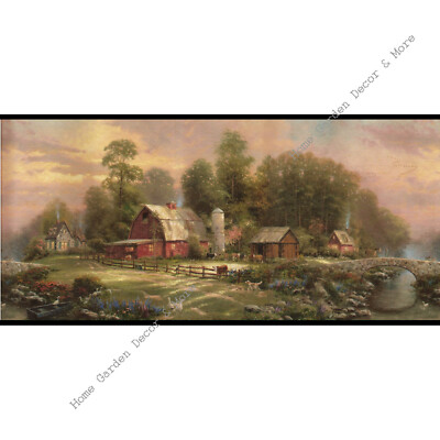Thomas Kinkade SUNSET At RIVERBEND FARM Barn Wallpaper Border TK3242B BLACK Trim