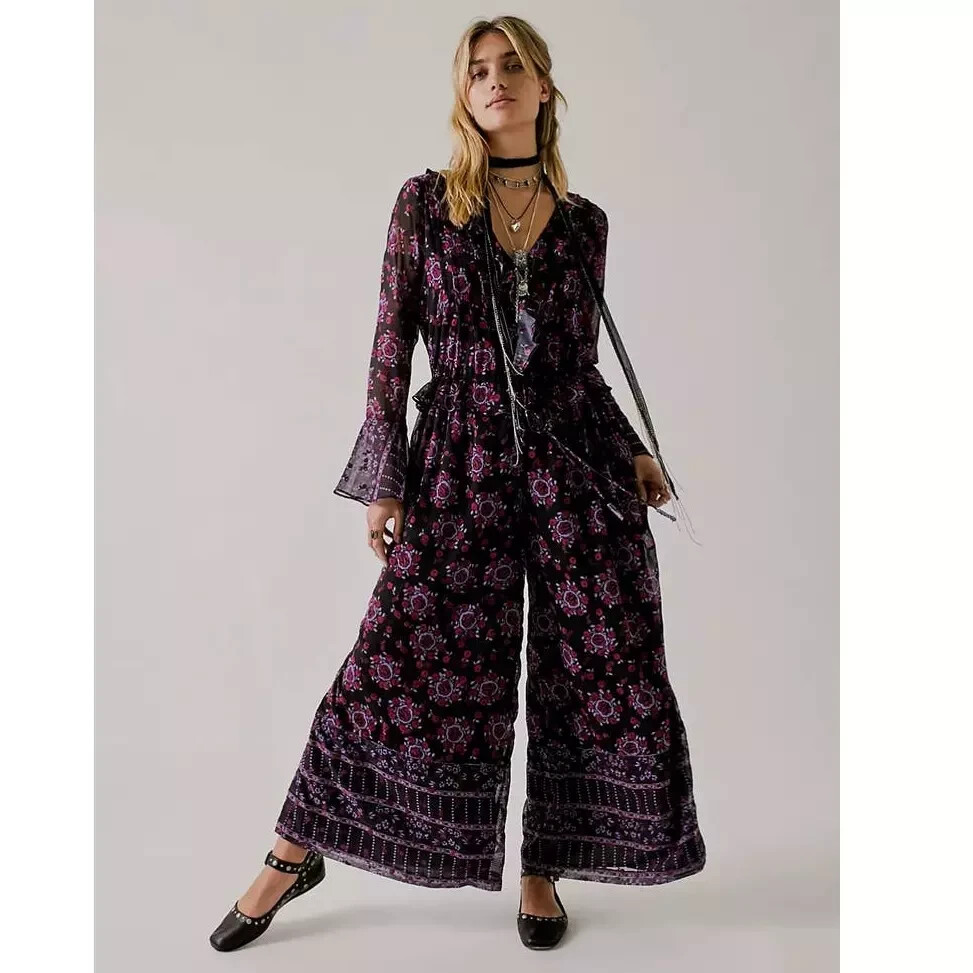 New Free People x Anna Sui Cassiel Floral Chiffon Palazzo Jumpsuit