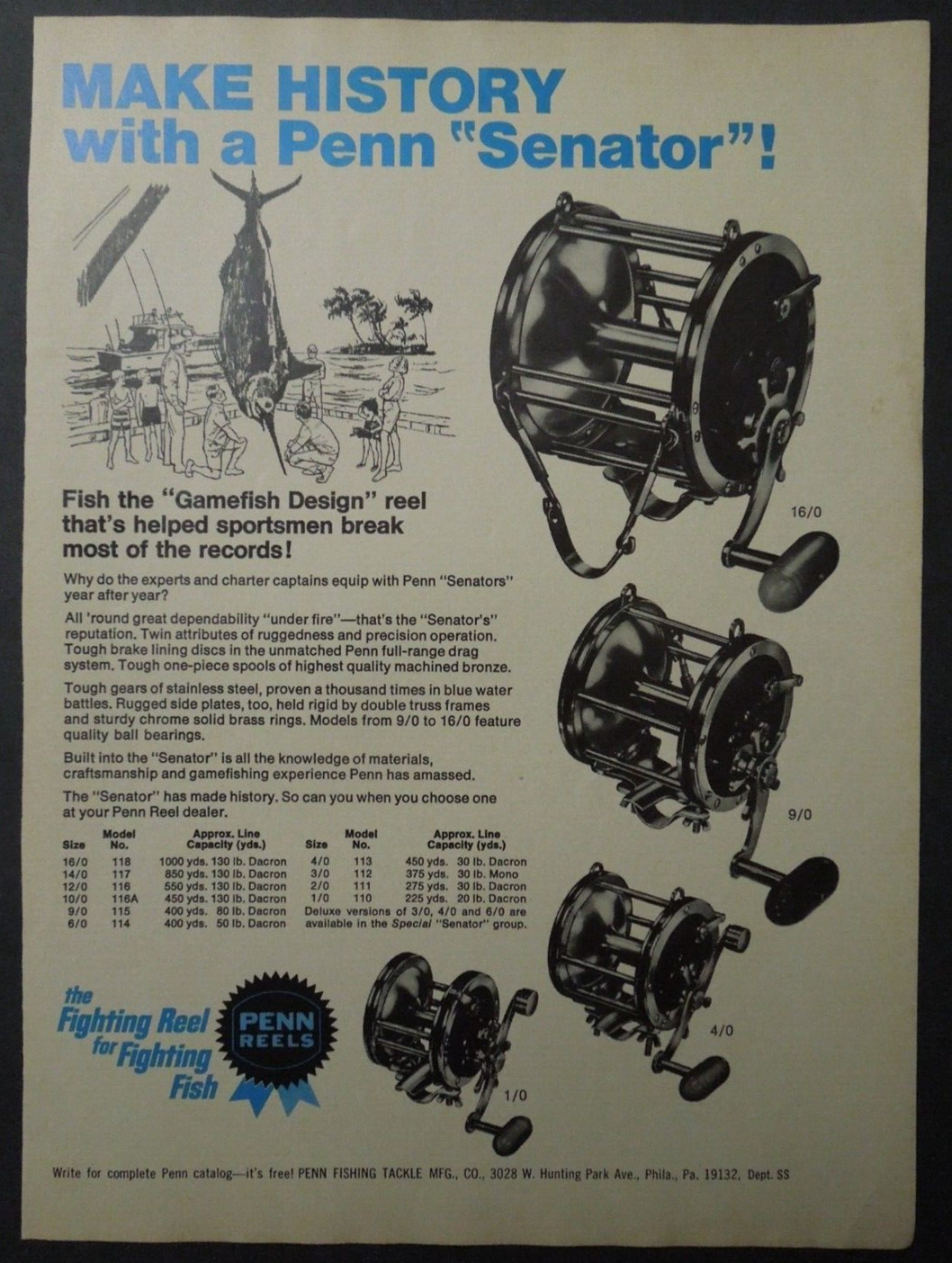 1971 PENN REELS Magazine Ad - Make History With A PENN "Senator"!