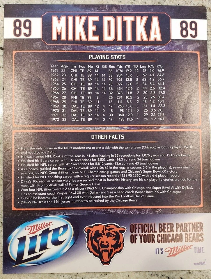 Футболка снятая с производства Chicago Bears HOF MIKE DITKA NO89 FATHEAD 2/9/13 - Изображение 3 из 3