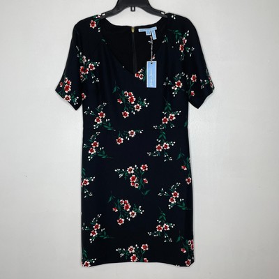 Draper James Black Floral Print V-Neck Sheath Dress Size 10 NWT Women's