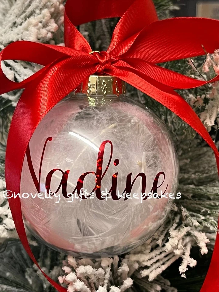Personalised Christmas Bauble Hanging  Memorial White Feather Rose Gold Snow 8cm - Image 2 of 4