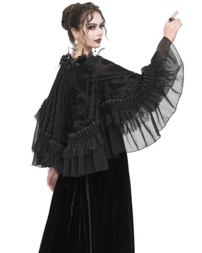 Eva Lady Womens Gothic Flocked Mesh Feathered Rose Lace Shrug Cloak Cape Black - Picture 8 of 13