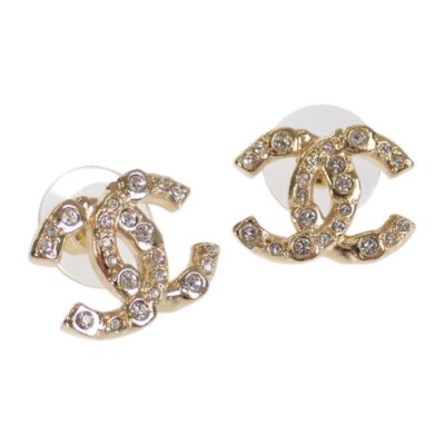 CHANEL GP Coco Mark Crystal Earrings Stud Metal Gold L24S Woman's