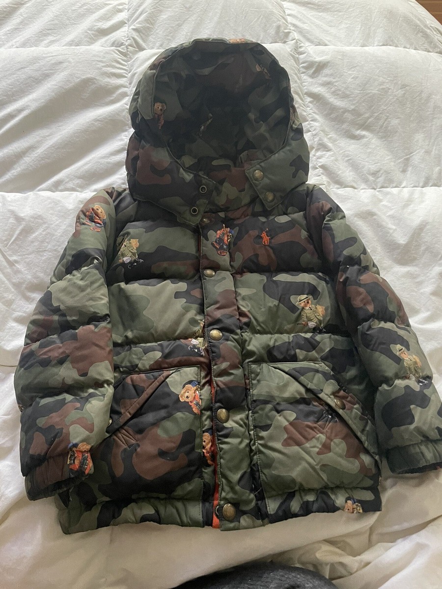 Polo Ralph Lauren Boys Youth Size 5 Green Camo Polo Bear Puffer