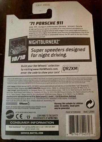 Hot Wheels 2018 '71 Porsche 911 White HW Nightburnerz #10/10 *BODY ERROR* *NEW* - Picture 2 of 5