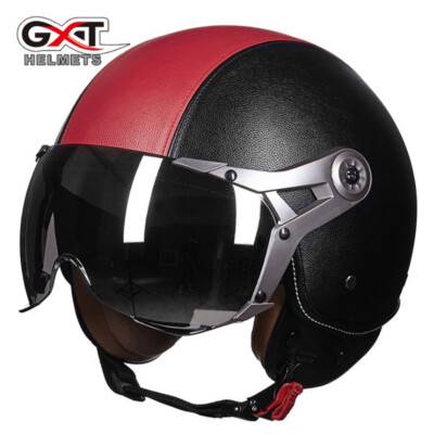 DOT Deluxe Leather Motorcycle Helmet Half Open Face Helmet Scooter Biker Helmet