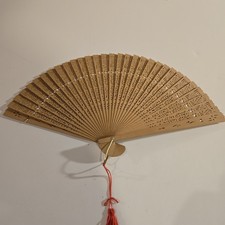 Vintage Oriental Chinese Wooden Folding Hand Fan Made in Hong Kong