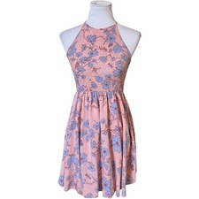 Kimchi Blue Floral Mini Dress Womens Medium Pink Blue Halter Open Back Smocked