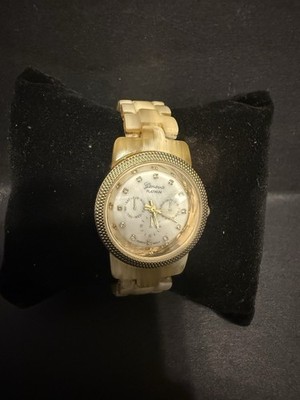Geneva Platinum Women's Quartz Analog Day Date Gold Tone Beige Resin Bracelet