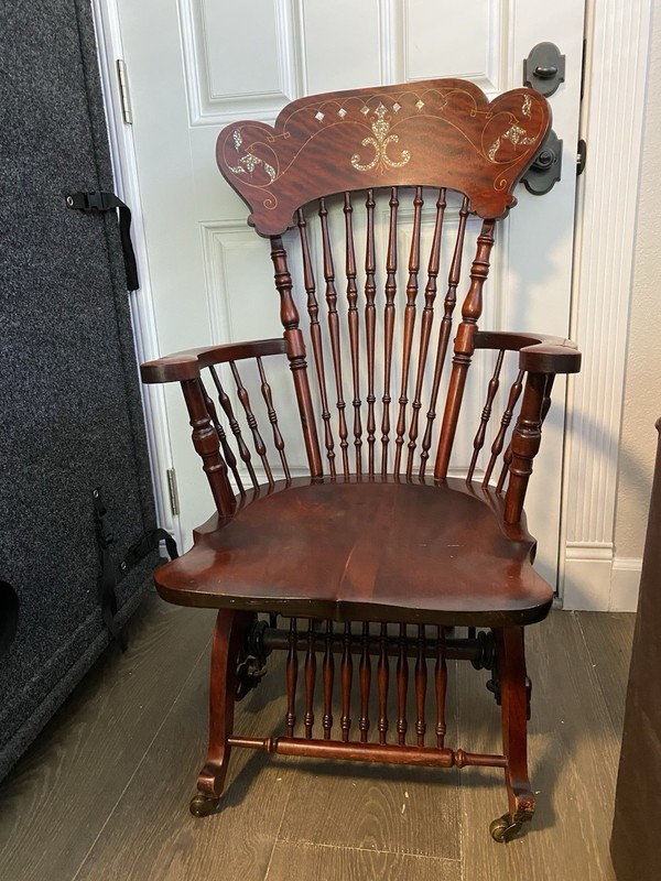 Antique rocking chair with abalone design from 1894 langslow-fowler company NY.