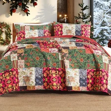 Christmas Quilt Set King Size Patchwork Quilted, Soft Comforter Bedding Sets, Co