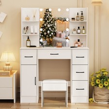 Vanity Desk with Mirror and led Lights, Makeup Desk with Cabinet and 5 Drawers