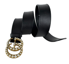 Gucci Black Leather Marmont Pearl Belt 90 cm 36 in GG Gold Tone Runway Auth Bag