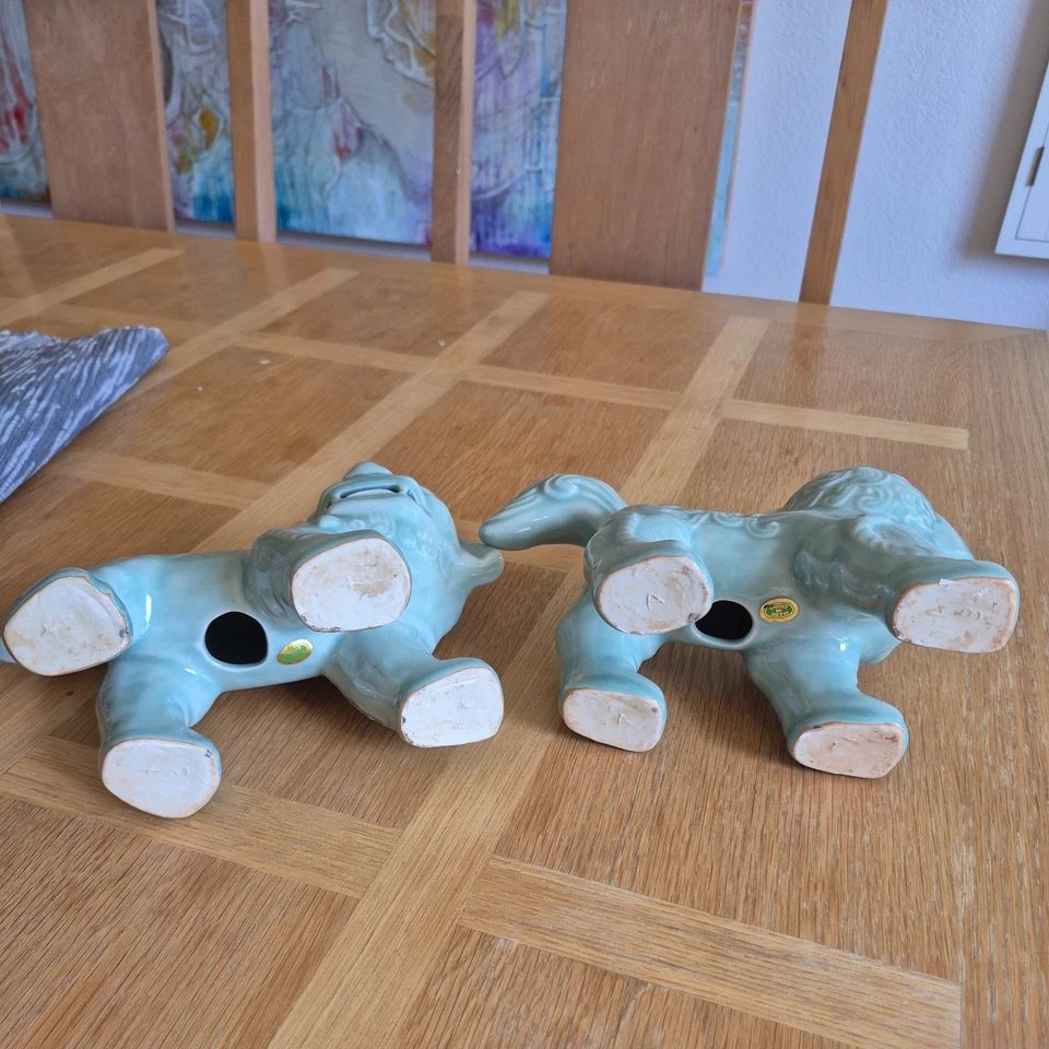 PAIR OF PORCELAIN FOO DOGS LIONS VINTAGE ANTIQUE LIGHT GREEN EXC - Image 4 of 4