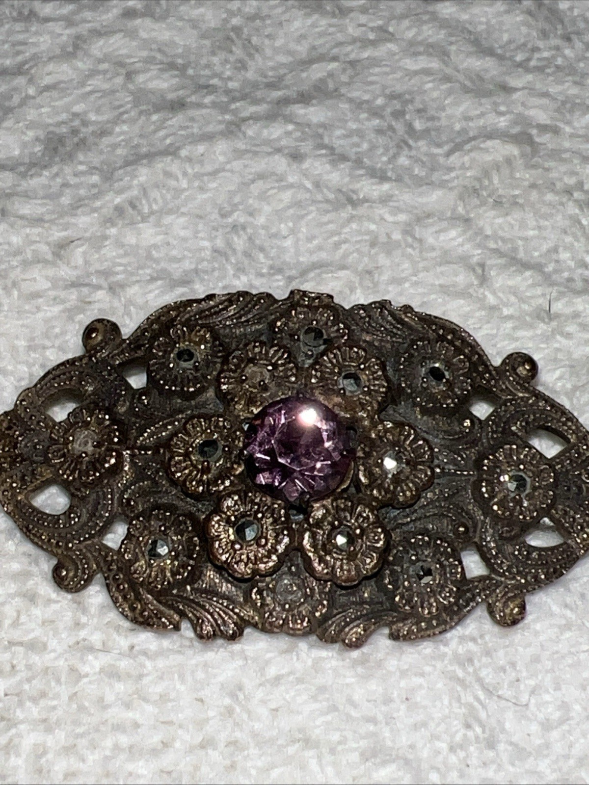 Vintage Brooch Floral Pattern of Antiqued Metal Purple Stone and Marcasite