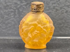 Small Vintage Art Deco Czech Carved Peach Colored Floral Perfume Bottle