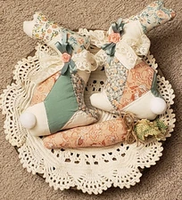 Handmade Set / 3 Primitive Fabric Quilted Bunnies & Carrot Ornies Bowl Fillers