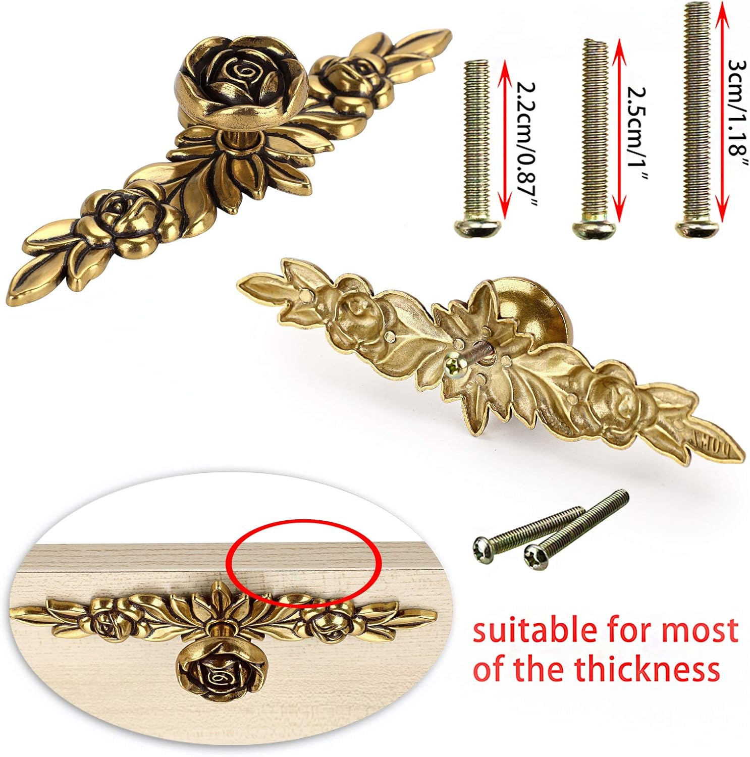 Pack of 5 Euro Rose Cabinet Knobs with Backplates – Ivory Floral Drawer Pulls, D