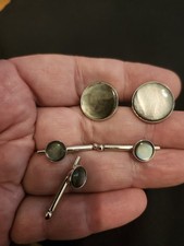 Vintage Swank Shirt Stud Set Mother Of Pearl Silver Spring Bar  Cufflinks