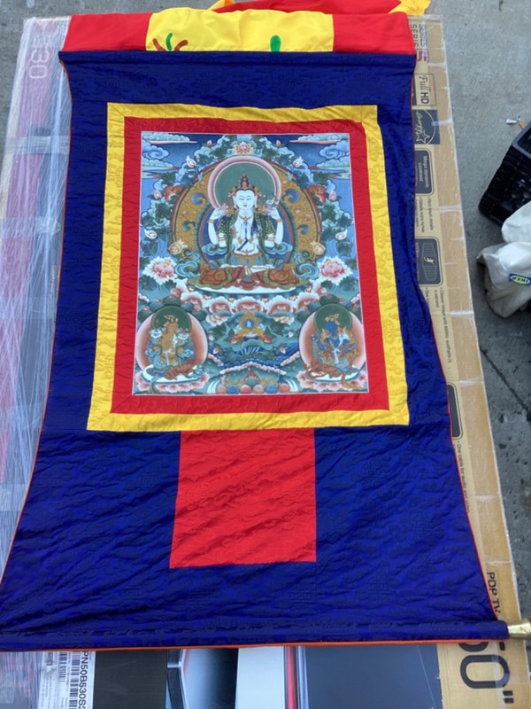 Buddhist 23” x 18 Painting ” Chenrezig Thangka Painting Scroll 51”x 41” Stunning