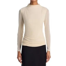 AQUA Women's Beige Mock Neck Ruched Long Sleeve Top Elegant Party