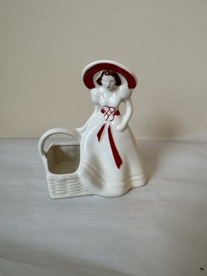 HULL Pottery, Mid Century Planter LADY with BASKET in Colors of Ivory & Red