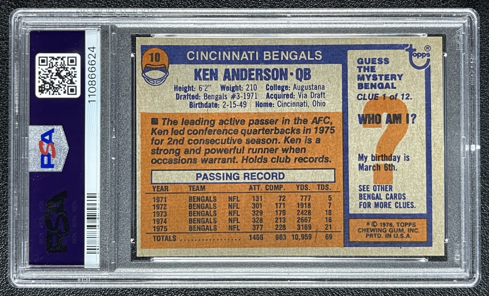 KEN ANDERSON PSA 8 1976 TOPPS FOOTBALL #10 BENGALS 6624 view 2