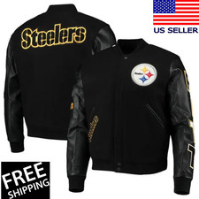 Pittsburgh Steelers Black Wool  Genuine Leather Sleeves Men's Letterman Jacket