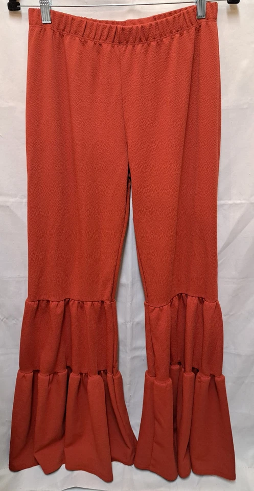 Vintage 90s Y2K Women's Orange Ruffled Flare Boho 70's Style Bell Bottom Pants - Image 4 of 4