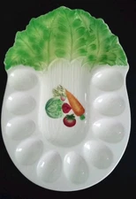 Vtg MC Deviled Eggs Veggies Relish Dish Platter Green Leaves Vegetables Design