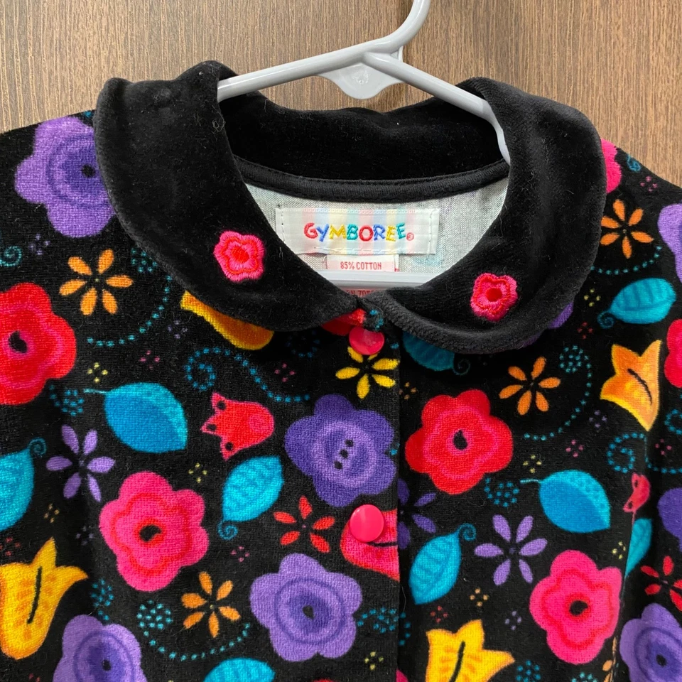 GYMBOREE Girl's Vintage Black Floral Velour Button Front Dress XL Long Sleeve - Image 3 of 4